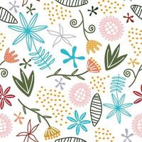 Seamless repeat pattern with flowers and leaves, scandinavian childish drawing background. Hand drawn fabric, gift wrap, wall art print. Vector illustration repeated cute design.