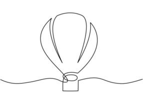 One line style air balloon in clouds. Air balloon in the sky. Minimalism creative travel concept. Vector illustration isolated on white background.