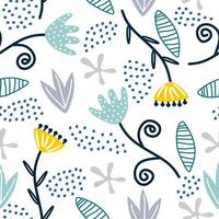 Seamless repeat pattern with flowers and leaves, scandinavian childish drawing background. Hand drawn fabric, gift wrap, wall art print. Vector illustration repeated cute design.