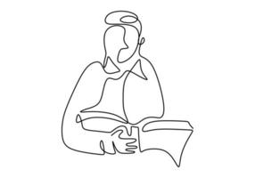 Single continuous line drawing boy focus reading book. Sitting and study with his book. Vector illustration