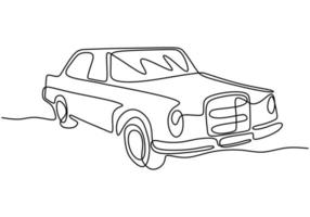 One single line drawing of old retro vintage auto car. Classic transportation vehicle concept. Vintage racing car driving on dusty road. Continuous line draw design illustration vector