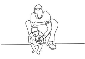 padre continuo de una línea dibujada con un bebé. el padre le enseña al niño a caminar. cuidando a su hijo. concepto de tiempo en familia estilo minimalista. vector