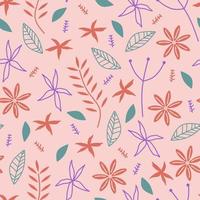 Seamless repeat pattern with flowers and leaves, scandinavian childish drawing background. Hand drawn fabric, gift wrap, wall art print. Vector illustration repeated cute design.
