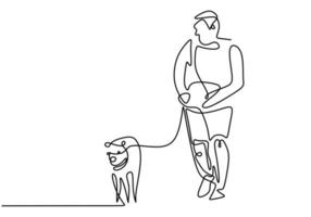 Person spending time walking with a dog. Playing with dog. Continuous single drawn one line. Vector illustration.
