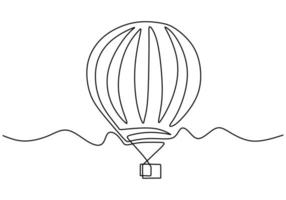 One line style air balloon in clouds. Air balloon in the sky. Minimalism creative travel concept. Vector illustration isolated on white background.