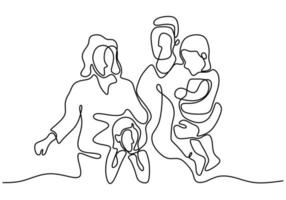 Continuous line drawing of happy family father, mother and two children playing. Walking at the playground to playing with children. Happy together. Vector illustration