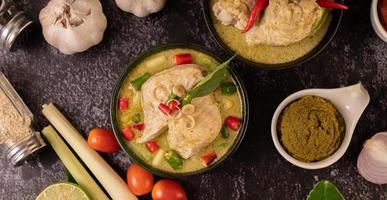 Green curry dish with chicken, chili and basil and tomato and lime photo