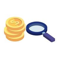 pile of coins with magnifying glass isolated icon vector