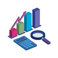 bars statistical with magnifying glass and calculator vector