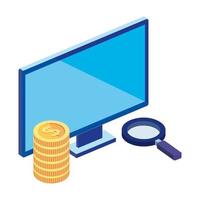 computer with magnifying glass and pile coins vector