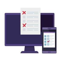 computer with smartphone for vote online isolated icon vector