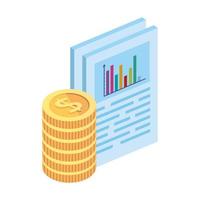 document with bars statistical and pile coins vector