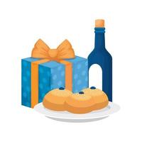 bottle of wine with gift box and breads isolated icon vector