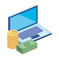 stack bills with laptop and pile coins vector