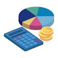 circular statistical with calculator and pile coins vector