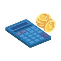 Calculadora matemática con pila de monedas icono aislado vector