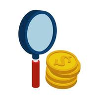 Pila de monedas con lupa icono aislado vector