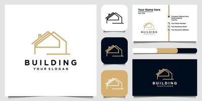 Building logo design in line art. logo design and business card set vector