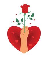 La mano sostiene una rosa roja en forma de corazón para la decoración de San Valentín. vector