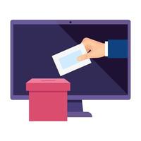computer for vote online with ballot box and hand vector