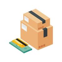 credit card with bill finance and boxes packages vector