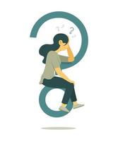 Woman Think of Question and Sitting on Big Question Mark Symbol. vector