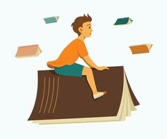 Boy Rides Big Book and Enjoys Flying to Learning Journey. vector