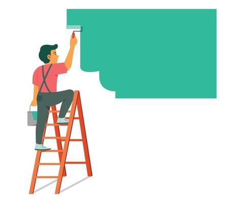 Man on Ladder to Paint the Wall for Renovation.