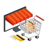 carrito de compras y computadora con iconos vector