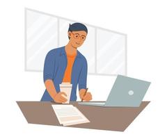 Freelance Man is Online Working with Laptop. vector