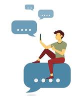 Man is Sitting on Chatting Bubble Icon and Chatting with Mobile Phone. vector