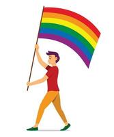 el hombre sostiene la bandera del arco iris para el movimiento lgbt. vector