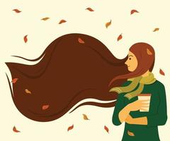 mujer con cabello largo está al aire libre para la temporada de papel tapiz de otoño. vector