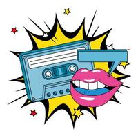 cassette of nineties with lips in explosion pop art vector