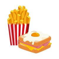 delicious sandwich with egg fried and french fries isolated icon vector