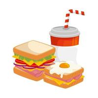 delicious sandwiches with egg fried and drink isolated icon vector