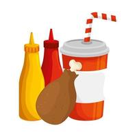 chicken delicious with bottles sauces and drink food isolated icon vector