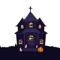 casa embrujada de halloween con calabaza y velas vector