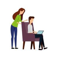 elegant business couple with laptop in sofa vector