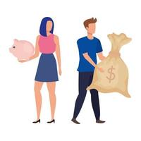 young couple with piggy and money sack characters vector