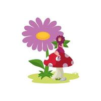 woman disguised of flower sitting in fungus vector