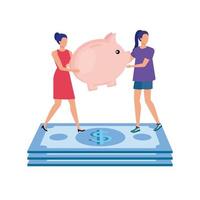 young women with piggy savings and dollars vector