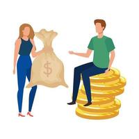 pareja joven, con, monedas, y, dinero, saco vector