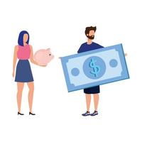 young couple with bills and piggy characters vector