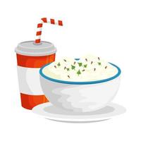 delicious soda with dish of rice fast food icon vector