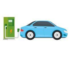 Estación de servicio de ecología eléctrica con coche azul claro. vector