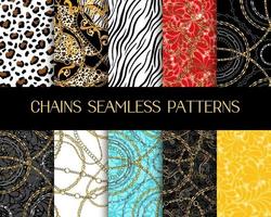 Chains Patterns Collection. Vector Chain Seamless Patterns with Zebra and Tiger Animal Prints