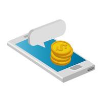 smartphone device with pile coins and speech bubble vector