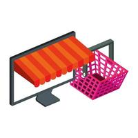 Cesta de compras y computadora con sombrilla. vector