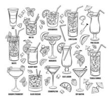 Summer Alcoholic Cocktails Vector Engraving Set. Hand Drawn Beverages or Drinks.